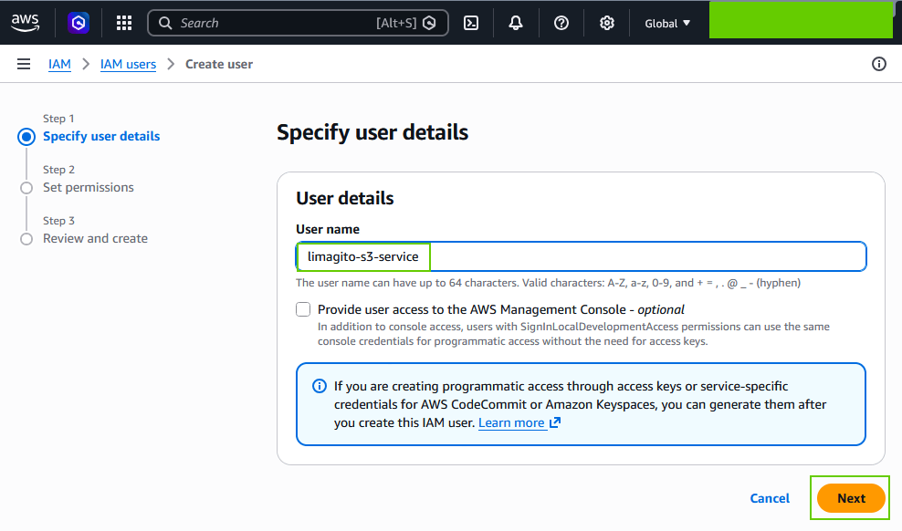limagito filemover amazon s3 IAM users setup