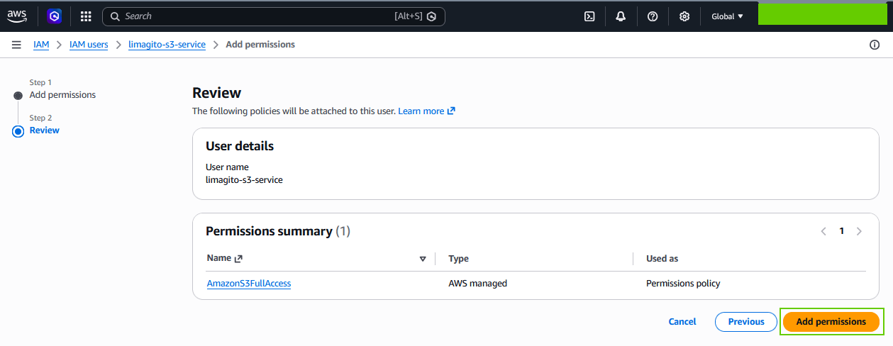 limagito filemover amazon s3 iam users permissions setup