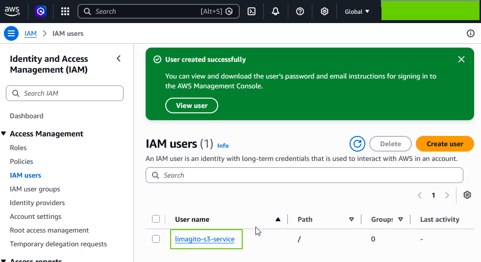 limagito filemover amazon s3 IAM users setup