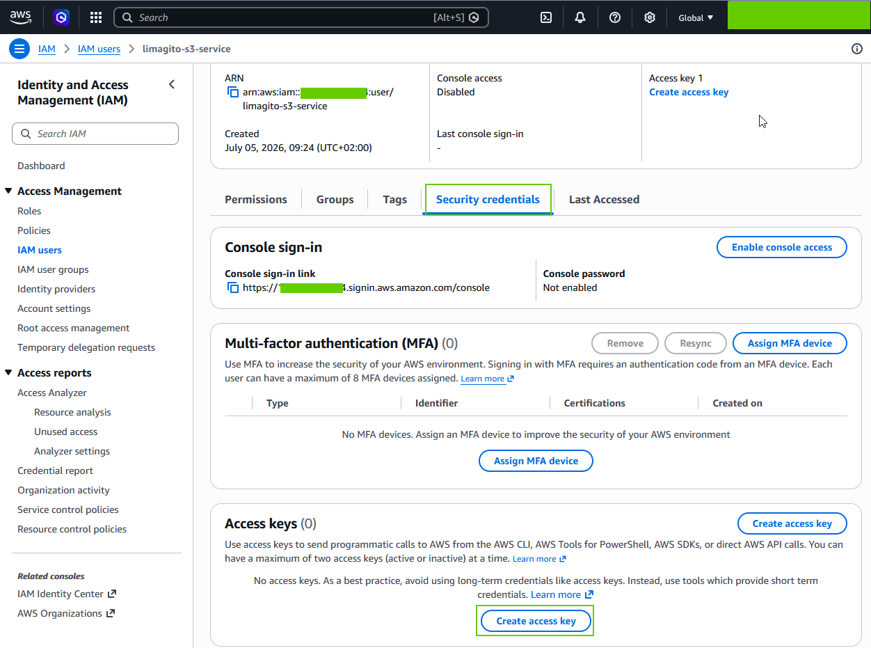 limagito filemover amazon s3 IAM users security credentials setup