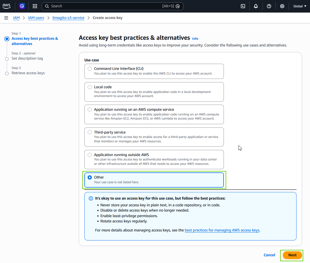 limagito filemover amazon s3 IAM users security credentials setup
