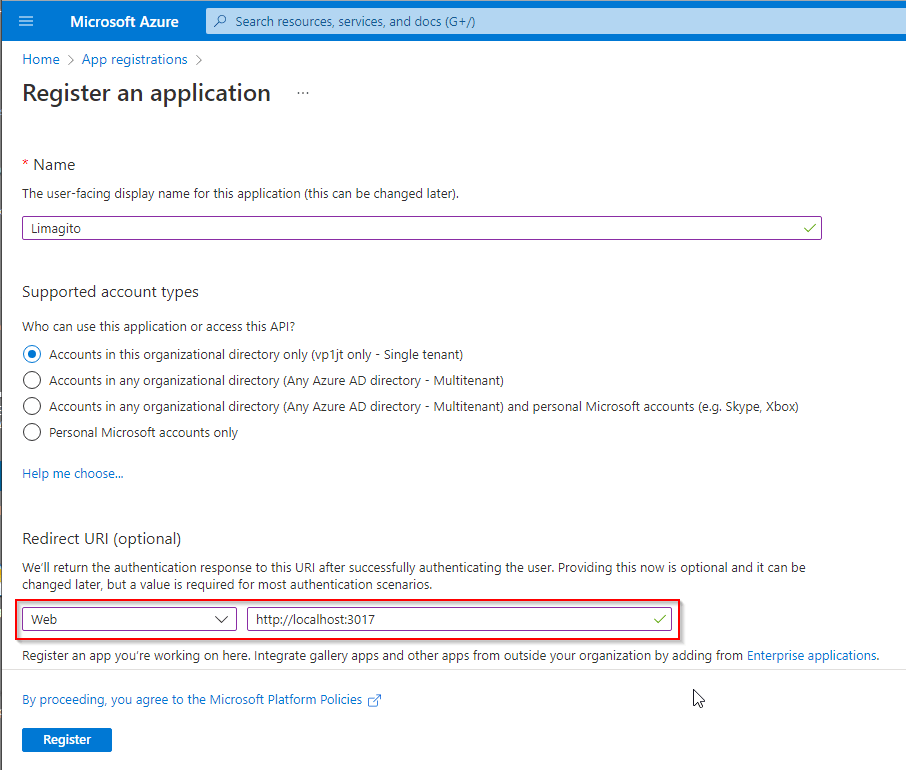 Azure Register an application
