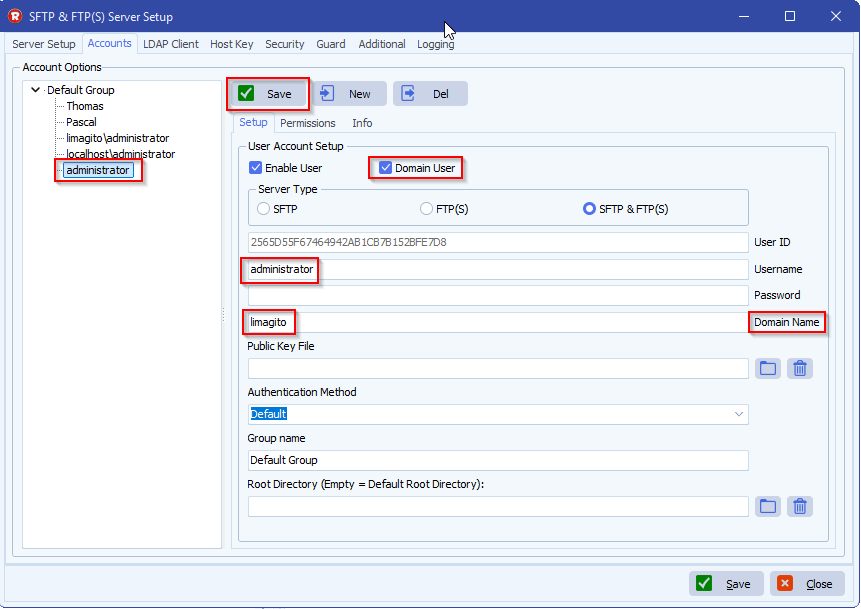 limagito file mover sftp server domain account authentication