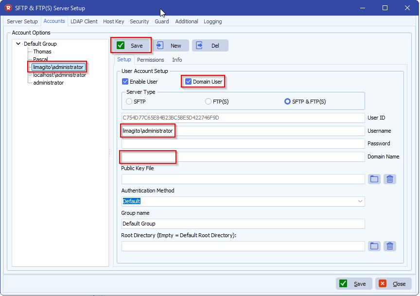 limagito file mover sftp server domain account authentication