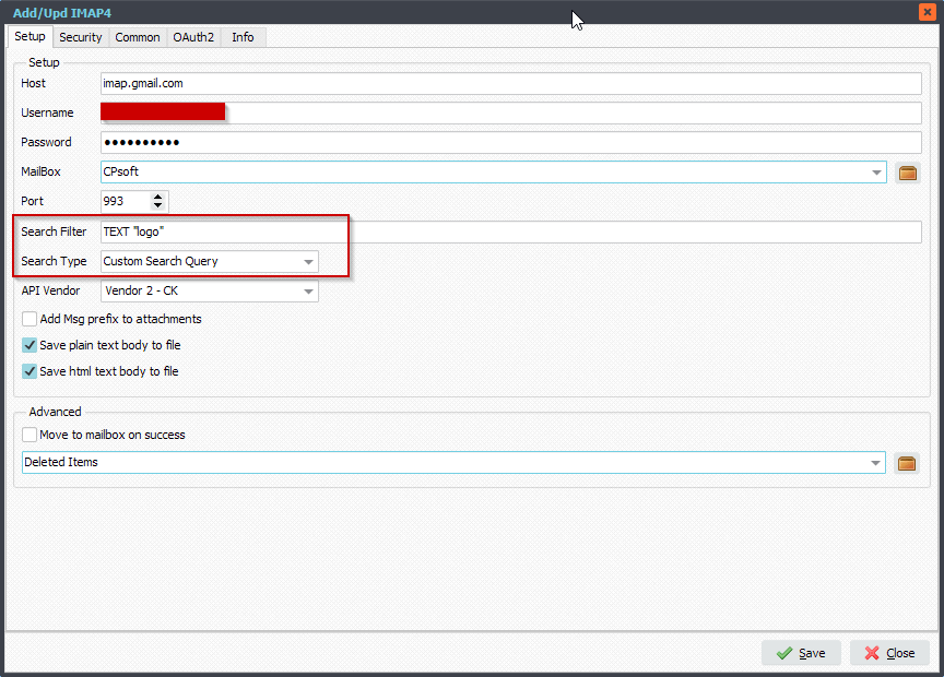 Limagito File Mover IMAP4 Custom Search Query