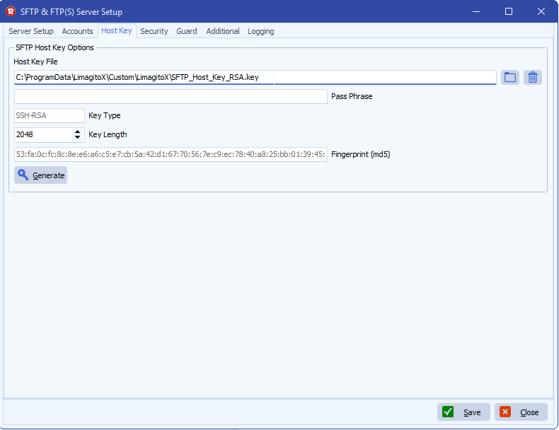 limagito file mover sftp server hostkey setup