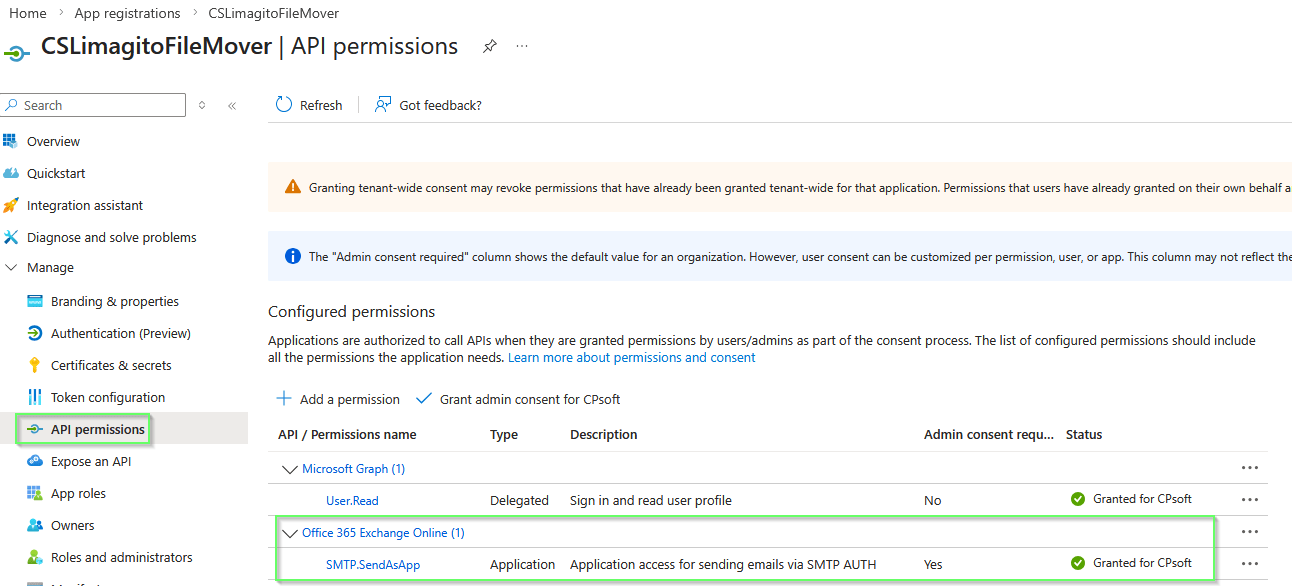 limagito filemover azure API permissions