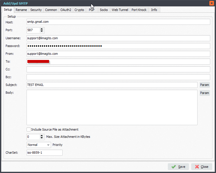 Limagito File Mover SMTP Setup