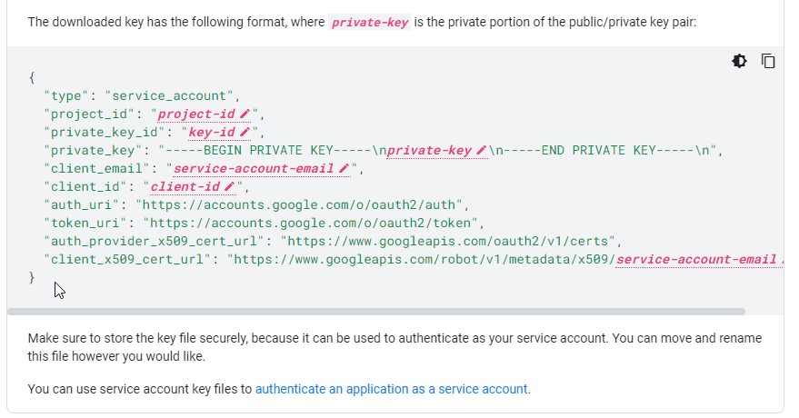 Google Cloud Storage Service account key JSON file