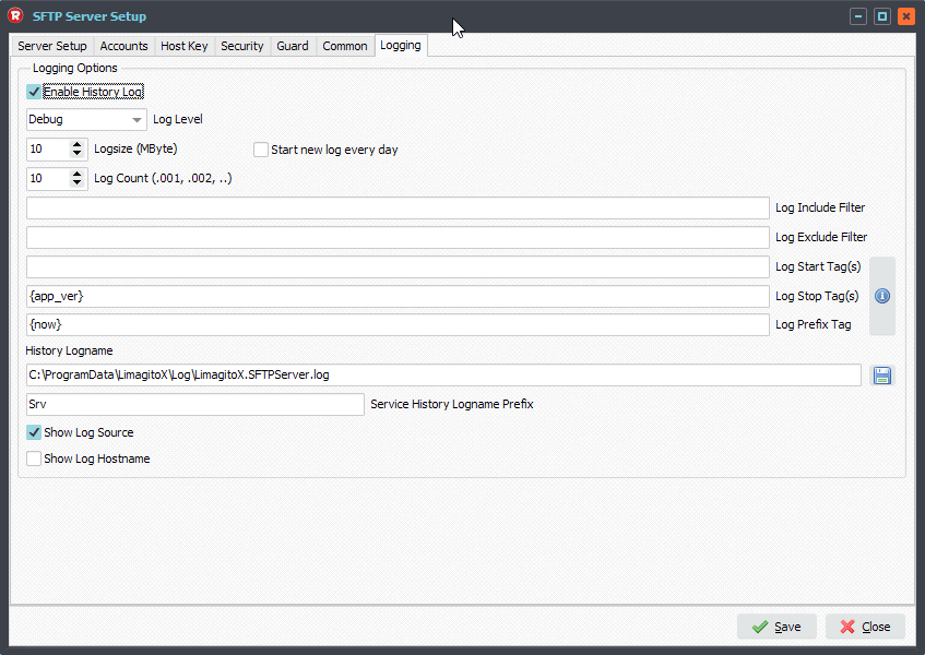 Limagito SFTP Server Logging Options