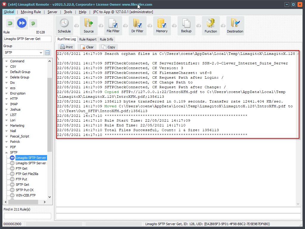 Limagito SFTP Client RunTime Log