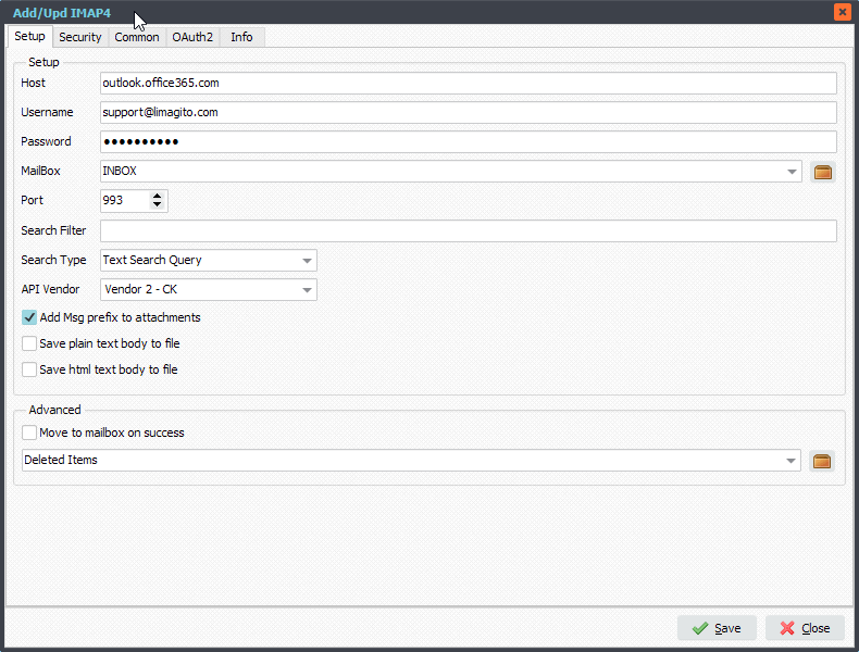 Limagito File Mover IMAP4 Setup