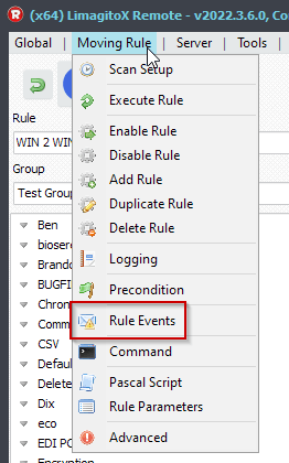 Limagito File Mover Rule Events menu item