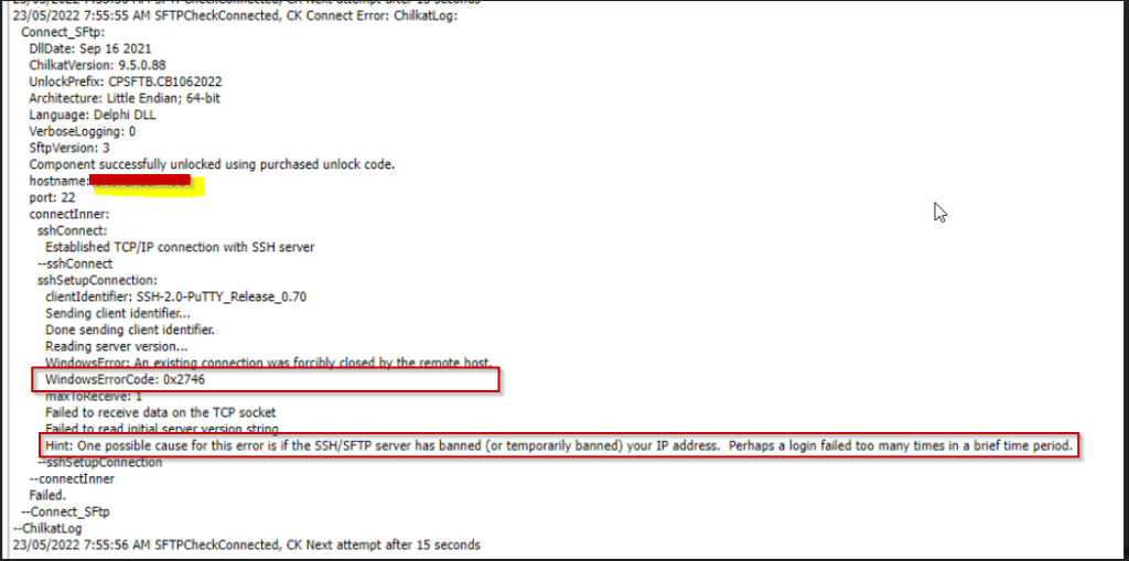 SFTP Connection Errors 10054 (0x2746)