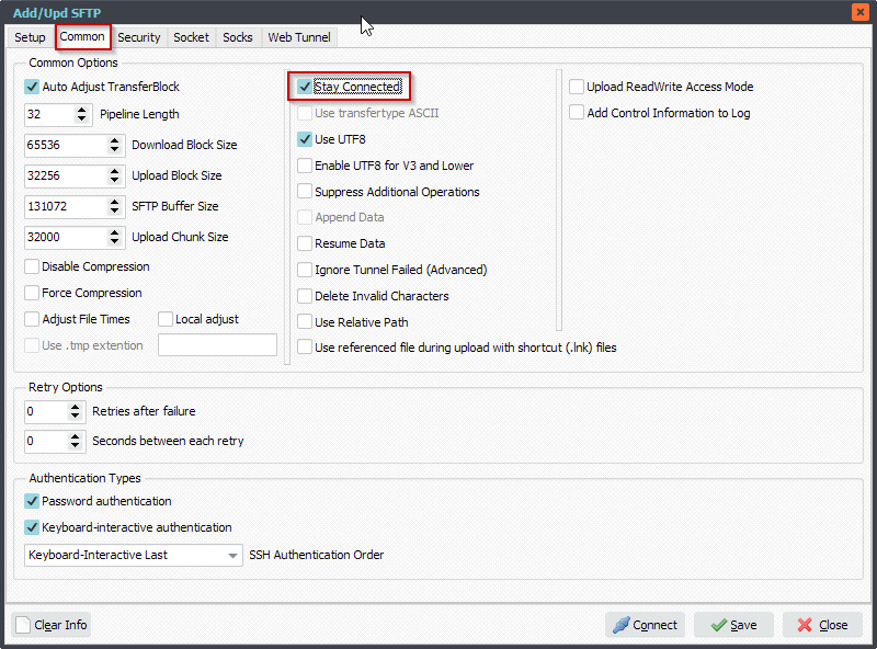 SFTP Stay Connected option