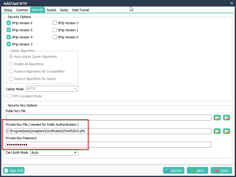 LimagitoX File Mover SFTP Public Key Authentication