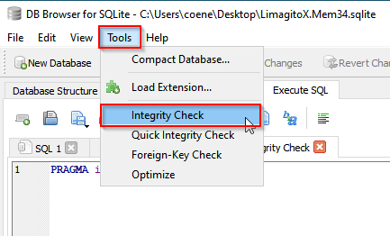 SQLiteBrowser Integrity Check