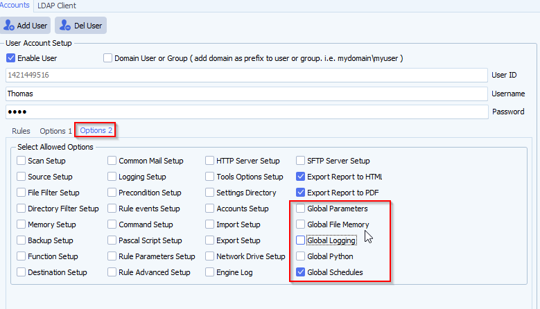 global schedules user accounts rights