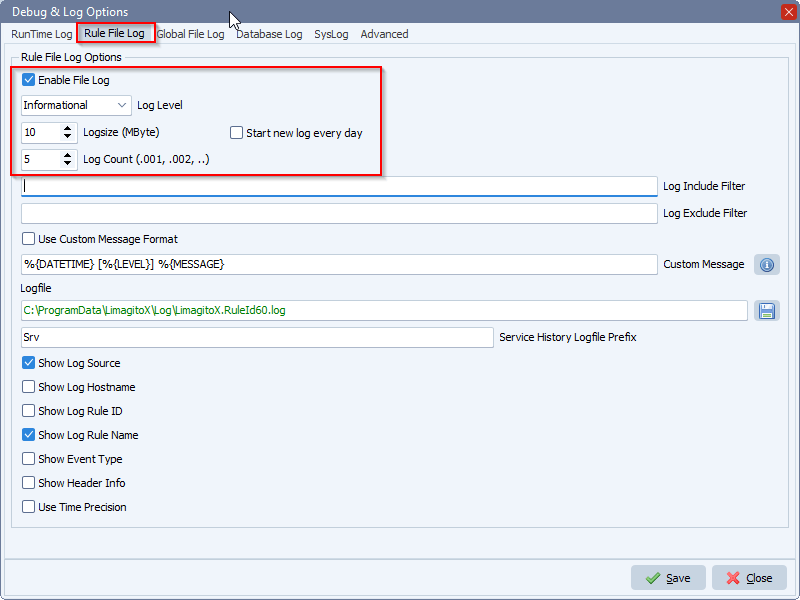 limagito file mover logging setup - Rule runtime log